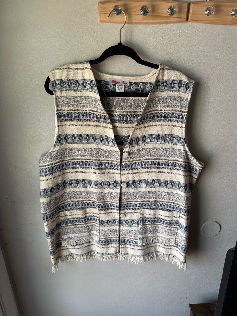 Vintage Allison Tracy Southwestern Geometric Fringe Vest L Made in USA